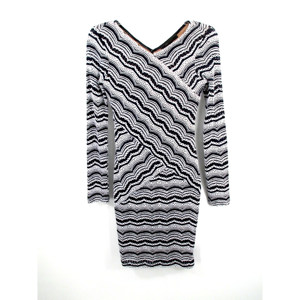 BCBGMAXAZRIA Midi Bodycon Dress Women XXS Black White Geometric Long Sleeve